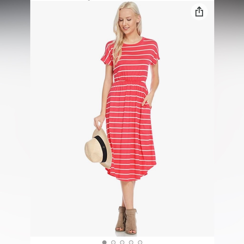 🎉HP🎉Sportoli Short Sleeve Striped Flare Midi Dress with Pockets - NWT - coral